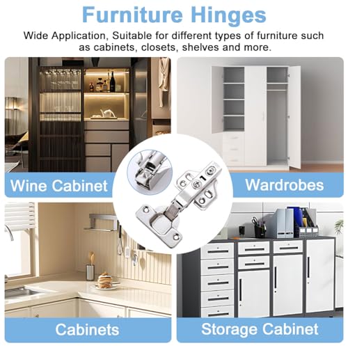 Door Hinges for Kitchen Cabinet 20Pcs, Soft Close Straight Cup Frameless Hinges with 120 Screws, Adjustable Full Overlay Hidden Concealed Hinge for Wardrobe Closet Bathroom Furniture Doors