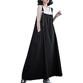 Women's Casual Denim Overall Dress, Long Maxi Length, Loose Fit with Pockets, Adjustable Straps