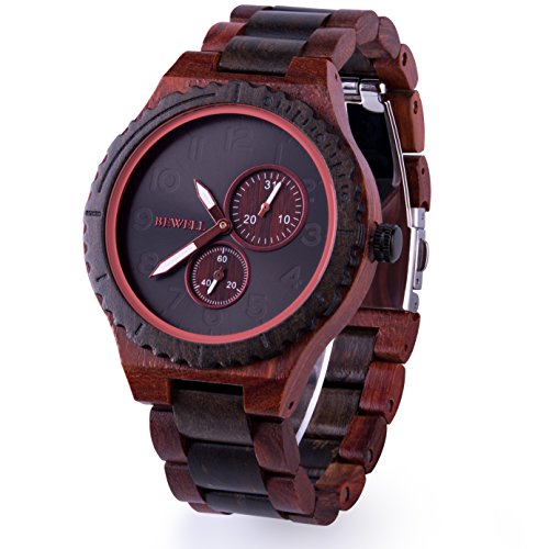 BEWELL Men Wood Watch Quartz Date Vintage Handmade Analog Wrist Watches W154A (Red and Black Sandalwood)