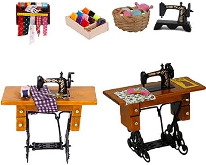 SaiDeng Vintage Miniature Dollhouse Sewing Machine with Cloth New in Box 1/12 Scale