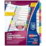 Avery 12 Tab Dividers for 3 Ring Binders, Customizable Table of Contents, Multicolor Tabs, 1 Set (11843)
