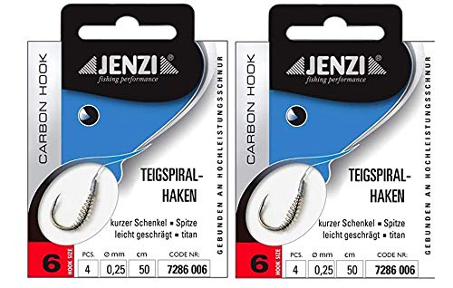 .Jenzi Set: 2 packs of dough spiral hooks trout hooks, dough hooks tied (8 pieces) hook size 6, fishing accessories, fishing bait + free Petri Heill! sticker.