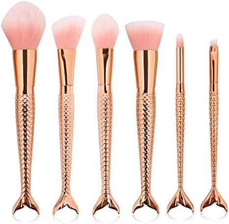 Luismia 6Pcs Fantasy Mermaid Tail MakeUp Brushes Set Foundation Powder Eyeshadow Blending Brush Kits Cosmetic concealer Brushes (gold)