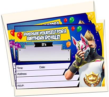 12 FORTNITE - Birthday Invitations (12 5x7in Cards, 12 Matching White envelopes)