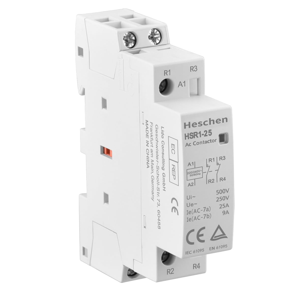 Heschen Household AC Contactor, HSR1-25, 2 Pole, Two Normally Closed, AC 220V/230V Coil Voltage, 35mm DIN Rail Mount (1)