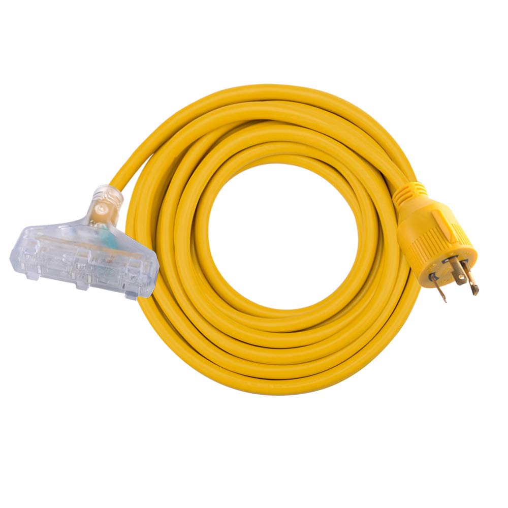 Photo 1 of MaxWorks 80843 Generator Extension Cord, 25 Ft, 10 Gauge, L5-30P to 3x 5-15R, 30 Amp to 15 Amp Adapter, Lighted Ends, Heavy-Duty, Black/Yellow