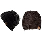 Trendy Warm Chunky Soft Stretch Cable Knit Slouchy Beanie Skully HAT20A (2PACK BLACK/BROWN)