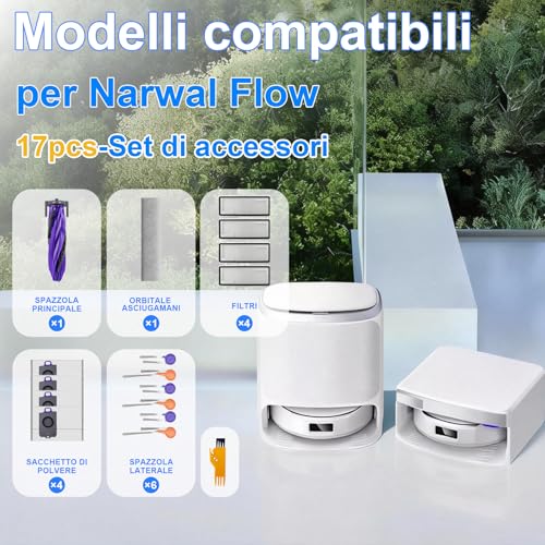Accessories for Narwal Flow Roboter Vacuum, 1 Main Brush, 1 Sheet Cleaning Roller, 4 HEPA Filters, 6 Side Brushes, 4 Dust Bags, 1 Cleaning Tool for Narwal Flow