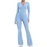 YEOREO Women Long Sleeve Flare Workout Jumpsuit Zip Up Romper Bottom Pants Wide Leg Bodysuit Bodycon Sexy One Piece