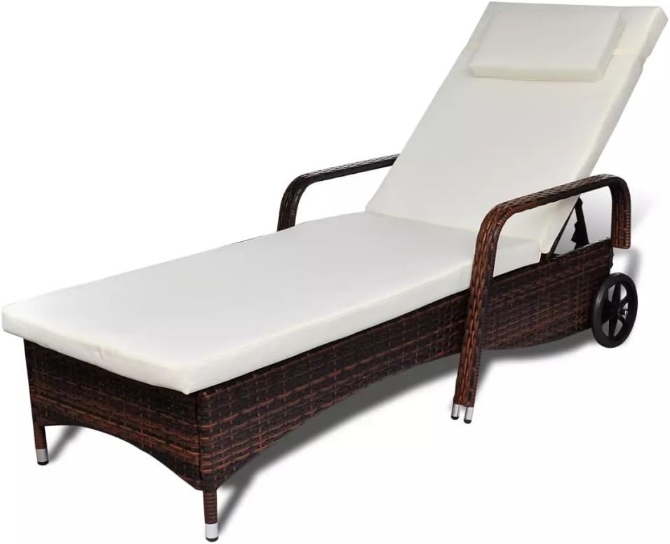 Baugger Outdoor Chaise Lounge with Wheels Pool Chair Patio Daybed Sun Lounger with Cushion Poly Rattan Brown
