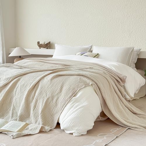 Simple&Opulence Cotton Muslin Throw Blanket for Bed Couch Sofa 4-Layer Gauze Blankets Reversible Soft Lightweight Breathable Home Décor for All-Season 50x60”, Beige