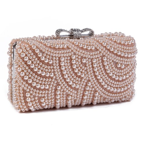 Damara Womens Meticulous Pearl Embroidery Evening Bag Metal Chain Purse,Champagne