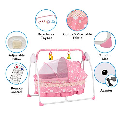 Uenjoy Rocking Multifunction Baby Swing Bed Automatic Bassinet Baby Basket with Remote Control, Music, Timing, Adjustable Speed, Pink