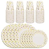 BAKHUK Gold Dot Disposable Wedding Paper Plates and Cups Set For 60, Gold Metallic Foil 60 Dinner Plates 60 Dessert Plates and 60 Cups for Bridal Baby Shower Wedding Birthday Party