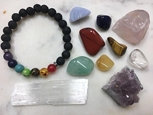 Luna Rey Chakra Crystal Healing Set | 11 pc Kit | Lot of 7 Chakra Tumbled Stones + Chakra Lava Bracelet, Amethyst Cluster, Raw Rose Quartz + Bonus eBook | Bohemian Meditation Set