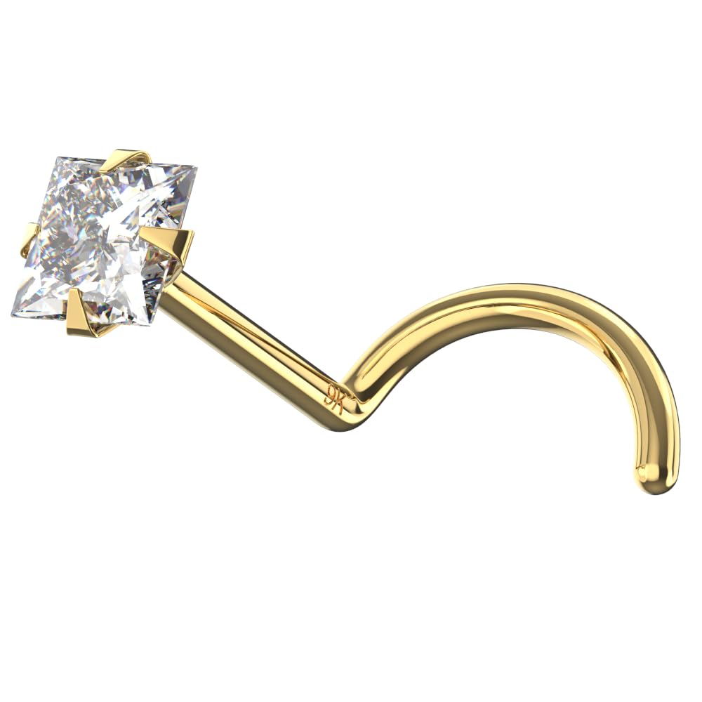 AZARIO LONDON 9K Solid Yellow Gold Claw Set 2MM Square CZ Stone 22 Gauge Nose Bone Nose Stud Piercing