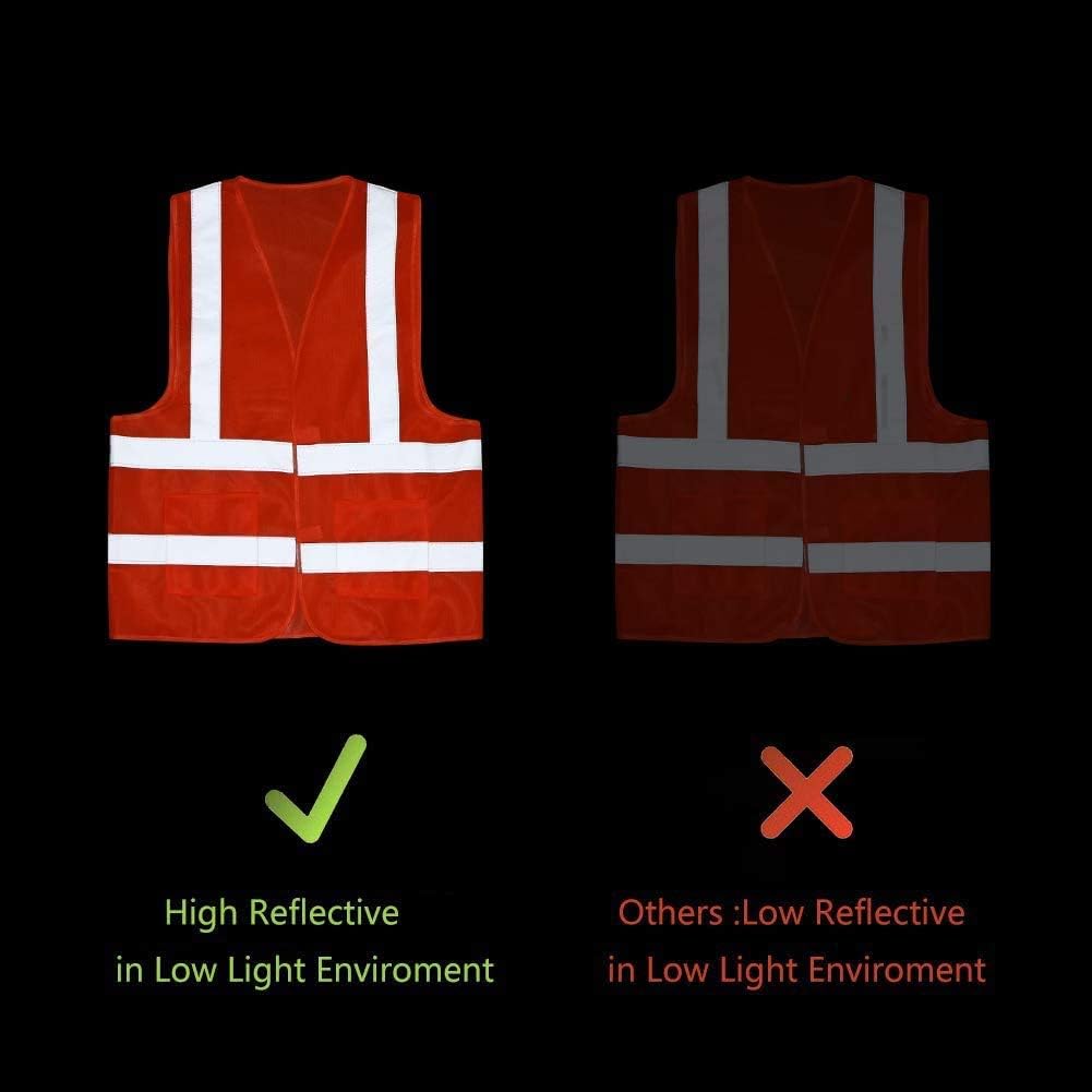 JSungo High Visibility Orange Safety Vest 10 Pack, ANSI Class 2 Identification Security Vest with 4 Reflective Silver Strips, Velcro Construction Vest for Night Running, Jogging, Cycling Walking - - 