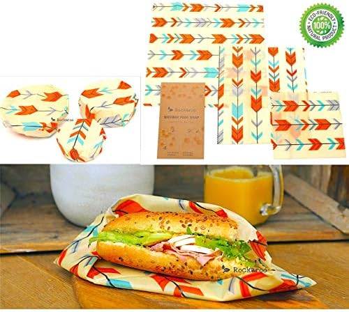 Rockaroo Eco Friendly Beeswax Wrap - Plus FREE Ebook - Set of 3 Beautiful 100% Natural Beeswax Food Wraps - Eco Friendly, Reusable Food Wrap, Zero Waste, PLASTIC FREE (Arrows)
