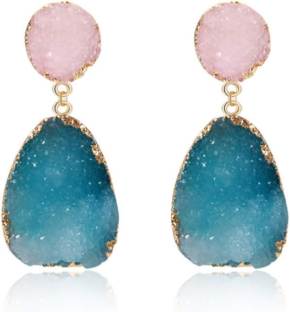 Colorful Druzy Stone Drop Earrings Natural Quartz Geode Crystal Fashion Jewelry