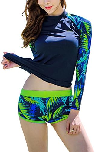 ABCWOO Petite Womens Printing Rush Guard Long Sleeve Patchwork Tops Floral Board Shorts 2PCS Swimsuits Blue XX-Large