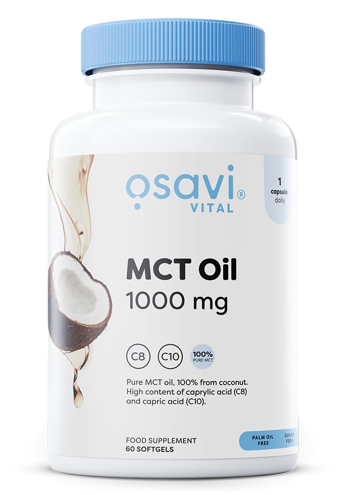 Osavi MCT Oil 1000mg – 60 Softgels | High Concentration of Caprylic (C8) and Capric (C10) Acids | 100% Coconut Oil, Palm Oil Free | Eco–Friendly BioPET Packaging