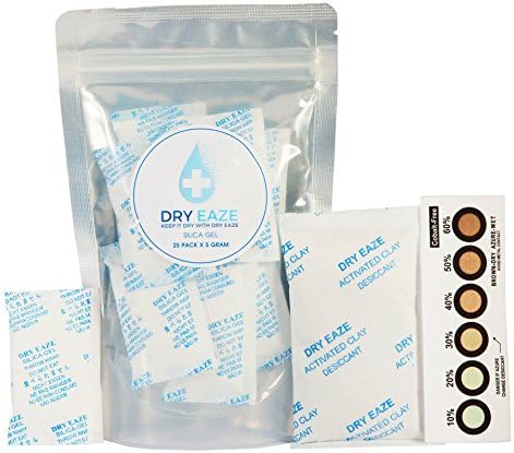 25 Pack x 5 Gram Silica Gel Packets Desiccant BONUS 50 Gram Activated Clay and 6 Dot Humidity Indicator Card