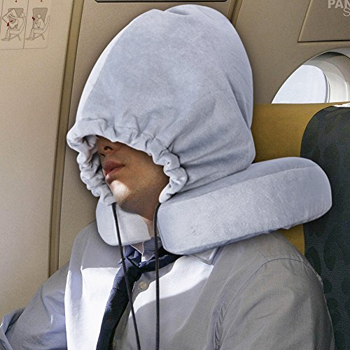 KINDEN Travel Neck Pillows with Hoop Cap Detachable Memory Foam Velour Material with Carry Bag (Grey)