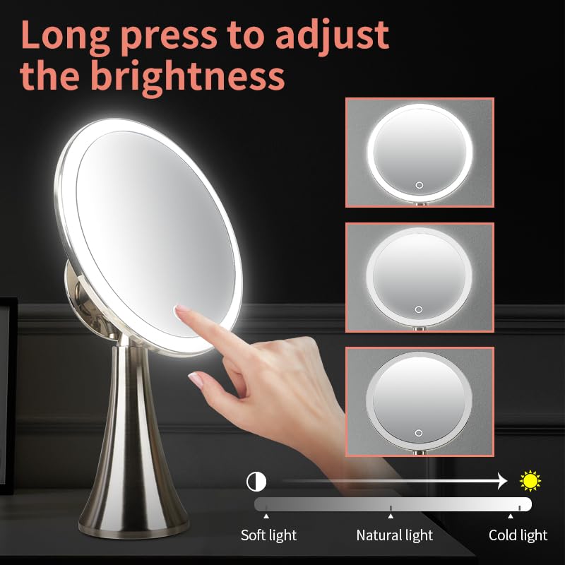 Surdy 9" Lighted Makeup Mirror, Vanity Mirror with Lights,4000 mAh Rechargeable,5x/10x Magnifying Mirror with 3 Color, Brightness Adjustable,360° Rotation Mirror, Women Gift