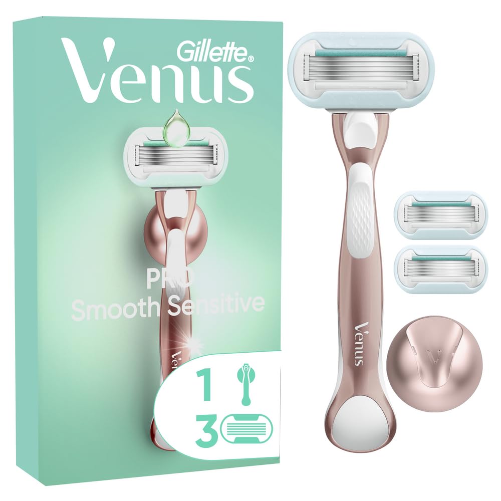Gillette Venus Pro Smooth Sensitive Women’s Razor for Sensitive Skin, 1 Refill Razor Cartridges, Reusable Metal Handle and Shower Holder