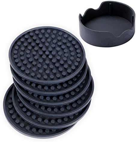 HCSTAR Silicone Coasters with Holder Drink Pad Non-Slip Kitchen Tool Good Grip 4.3 inch Size Set of 6, Black (6, Black)