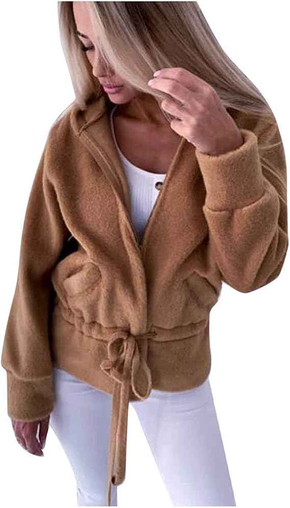 Ularma Women's Winter Coats Fleece Fabric Zippers Shearling Sherpa Jacket Hoodies Cozy Brown 