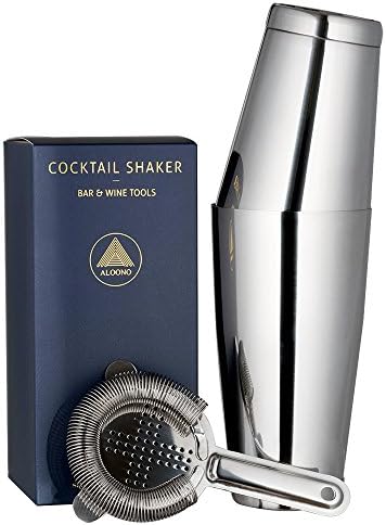 Boston Cocktail Shaker, 3-Piece Bar Set: 18oz &amp; 28oz Weighted Cocktail Shakers and Hawthorne Cocktail Strainer, 18/8 Stainless Steel Cocktail Shaker Set with Recipes and Greeting Card