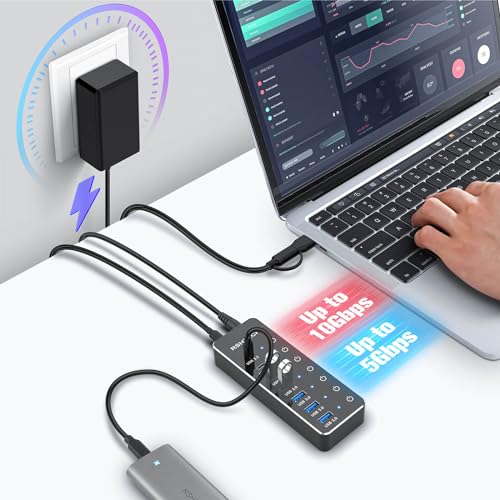 USB 3.2 Hub Powered, RSHTECH 7-Port USB 3.2/C Hub with 3*10Gbps Data Ports (USB-A, 2*USB-C), 4*5Gbps USB 3.0 Ports, Touch Switch, 2-in-1 Data Cable, 15W(5V/3A), RSH-ST07C