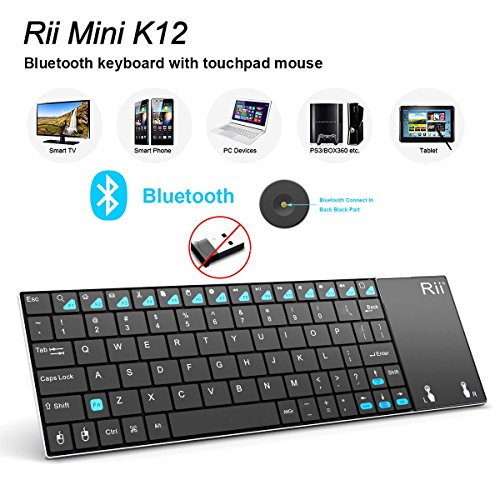 Rii K12BT Ultra Slim Portable Mini Wireless Bluetooth Keyboard with Large Size Touchpad Mouse,Stainless Steel Back Cover for PC,Surface Pro 2,3,Android iOS Tablet PC/Galaxy Tabs,Smart TV Box,Windows