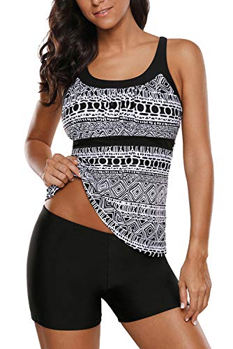 REKITA Women's Swimsuits Color Block Tankini Top Boyshort Swimwear
