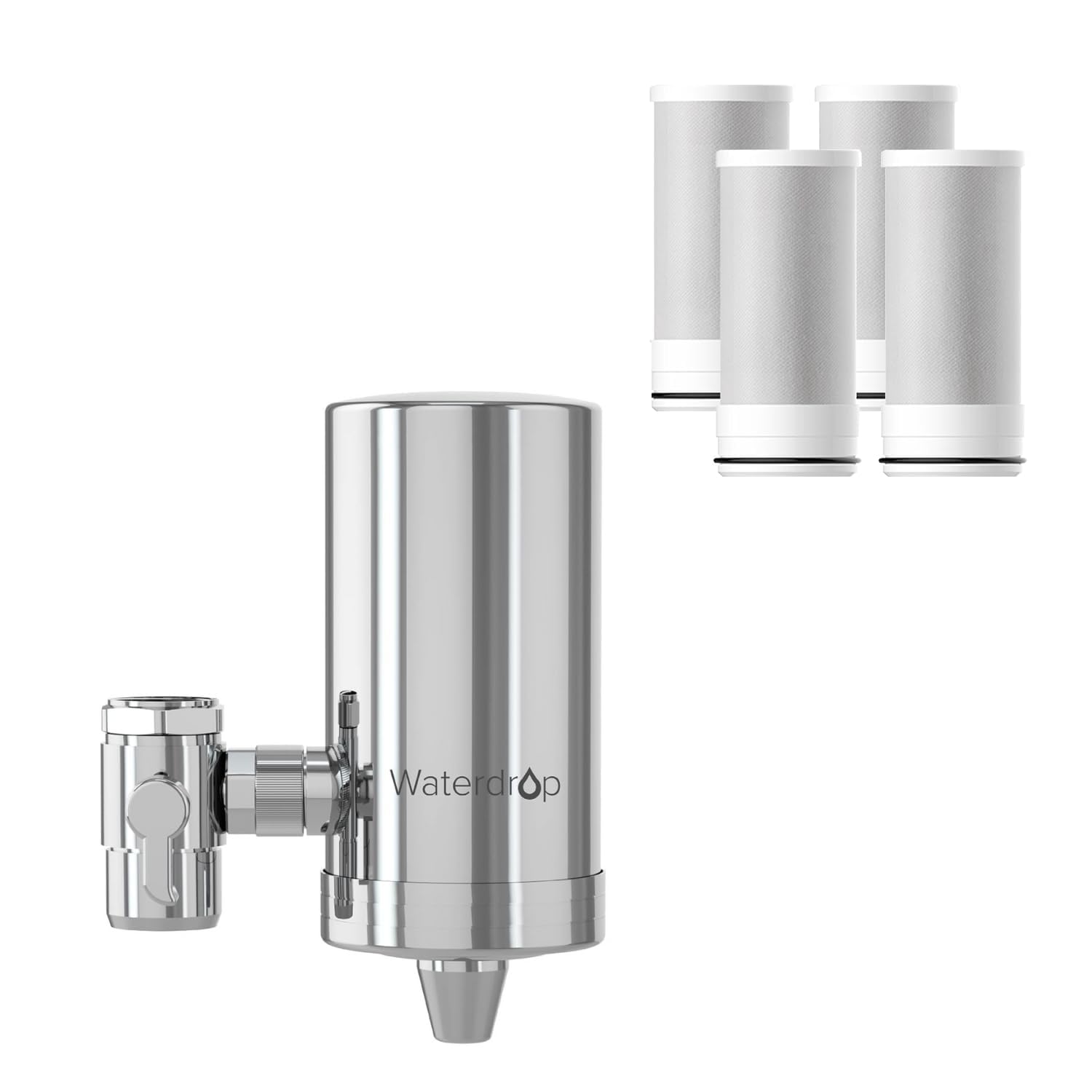Waterdrop Water Filter Tap, Stainless-Steel Water Filter for Tap, Water Tap Filter Reduces Chlorine, Odor and Bad Taste - 𝐎𝐧𝐥𝐲 𝐅𝐢𝐭 𝐒𝐭𝐚𝐧𝐝𝐚𝐫𝐝 𝐅𝐚𝐮𝐜𝐞𝐭𝐬 (4 Filter Included)