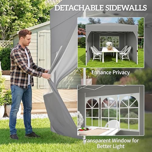 Outsunny 9.6 x 9.6 ft Pop Up Canopy Tent with 3 Sidewalls, UPF 50+ 1-Button Push Easy Setup Outdoor Instant Canopy Portable Shelter with 4 Sandbags, Carry Bag, Light Grey