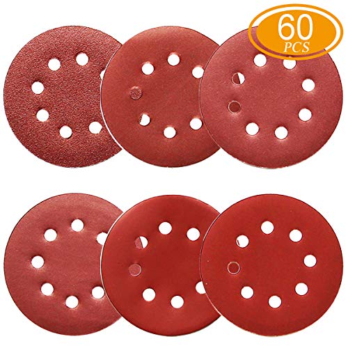 60Pcs Sanding Discs 5 Inch 8 Holes, 1000/800/600/400/320/240 Grit Sandpaper for Random Orbital Sander