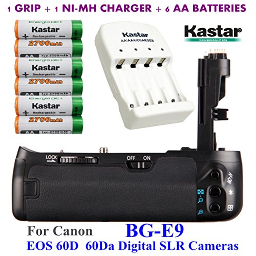 Kastar Pro Multi-Power Vertical Battery Grip (Replacement for BG-E9) + 6x AA NI-MH Batteries(2700mAh) + NI-MH Charger for Canon EOS 60D 60Da Digital SLR Cameras