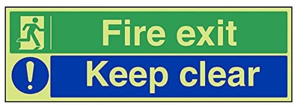 V Safety Glow In The Dark Fire Exit/Keep Clear Sign - 600mm x 200mm - Rigid Plastic — image 1