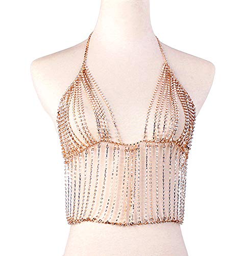 KimYoung Women Rhinestone Body Chain Jewelry Sexy Chain Skirt Bikini Chain Bra for Nightclub Party Beach (Rose Gold Body Chain - Bra)