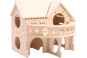 KCRYGOGO Improved Safety Large Balcony Small & Cute Wooden Hamster House with Large Balcony – Double-Decker Forest-Style Hut for Dwarf Hamsters, Mice, Gerbils, Rats & Small Pets (Compact Size Only)