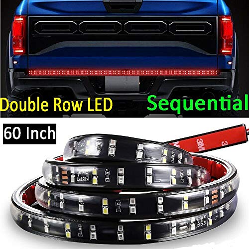 SIZZLEAUTO Truck Tailgate Bar 60" 2-Row 240 LED Strip Sequential Turn Signal Brake Reverse Taillight Red/White for Pickup RV SUV Trailer Car Towing Vehicle No Drill