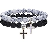 Hebelee 2 Pieces White Turquoise Black Beaded Bracelet for Women Unisex Cross Pendant Couple Bracelet Beads Stretch Bracelets Fashion Texture Design Jewelry Set