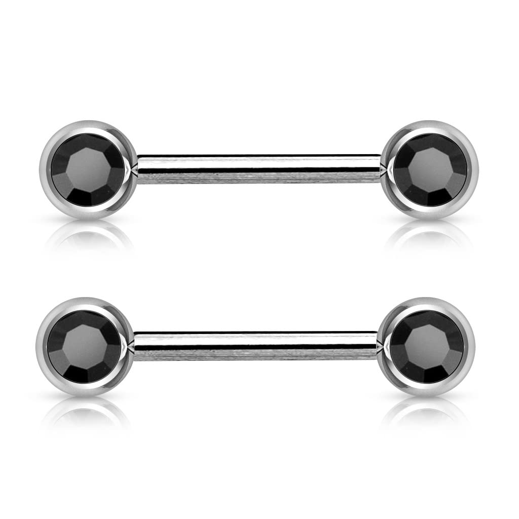 PiercedOff 316L Surgical Steel Nipple Bar with Forward Facing Black CZ Gem Balls - Thickness 14GA (1.6mm) / Length 16mm / Ball Sizes 6mm - Sold as a Pack of 2 Nipple Bars