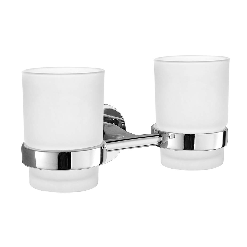 PHOEWON Double Glass Tumbler Wall Mounted Toothbrush Holder - 304 Stainless Steel and Frosted Glass Toothpaste Holder for Lavatory, Bathroom