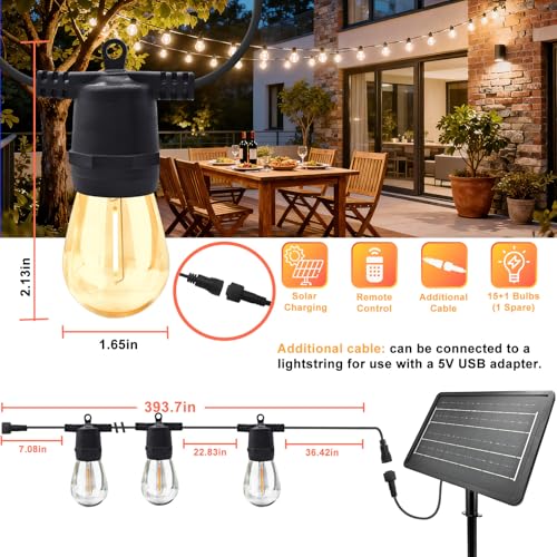 35M Solar String Lights Outdoor with 30 S14 LEDs & 2 Spares, 48Hrs 7200mAh, USB/Solar Charging, 8 Modes Remote, IP65 Waterproof, 2 Installation for Garden
