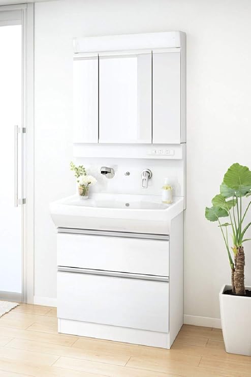 Amazon アサヒ衛陶 洗面化粧台 シャイニーピュレア 幅750mm 2段引き出し シャイニーホワイト 三面鏡 Led 全面収納 汚れガード Sltk4780akues3afl2ec 壁出しシャワー水栓 一般地仕様 洗面台 750 75cm 洗面台