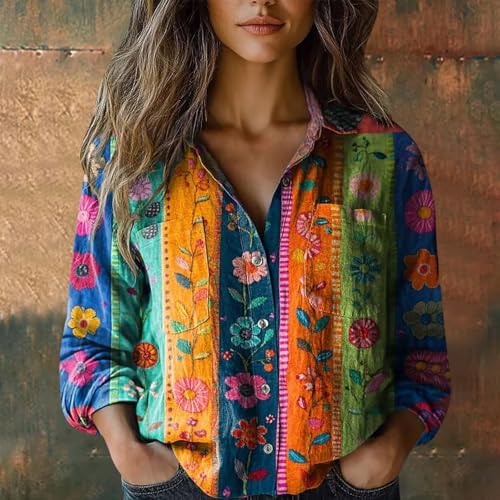 Womens Blouse Shirt Long Sleeve Cotton Tops Bohemian Casual Tunic Tops Vintage Button Down Shirts Oversized Floral Blouse Boho Loose Fit Dressy Spring Summer Plus Size Tee Shirts