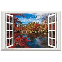 DNVEN 24 inches x 16 inches 3D Full Color Autumn Feel Red Leaves Peaceful Lake False Faux Window Frame Window Mural Vinyl Bedroom Living Room Playroom Wall Decals